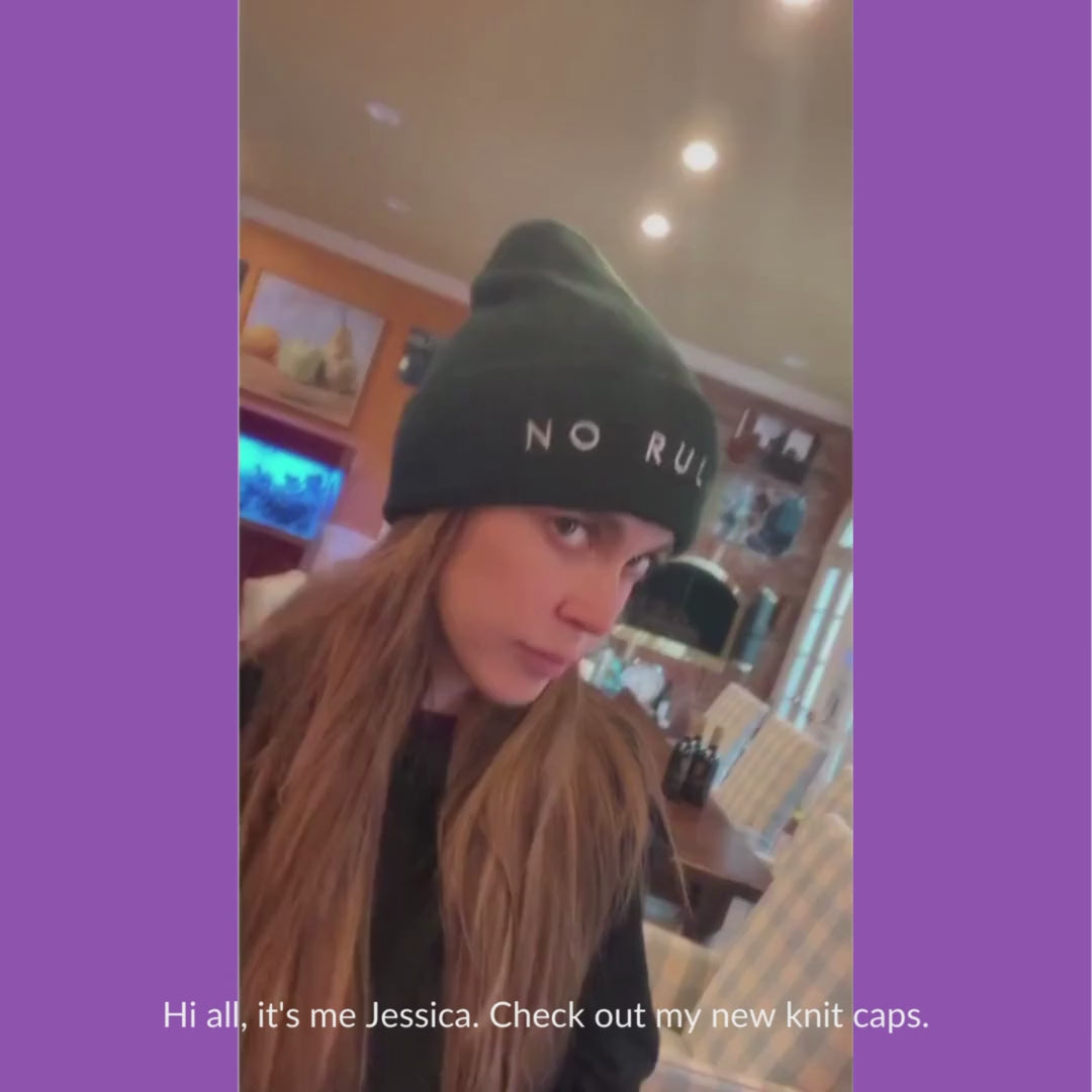 Jessica Carter Altman wearing No Rules embroidered on fleece-lined knit cap